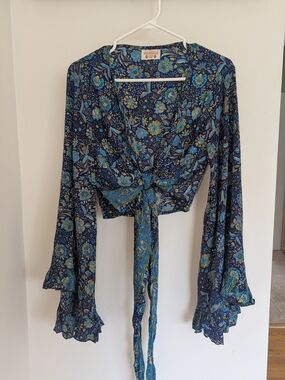 Blue Floral Tie-Front Crop Top with Bell Sleeves